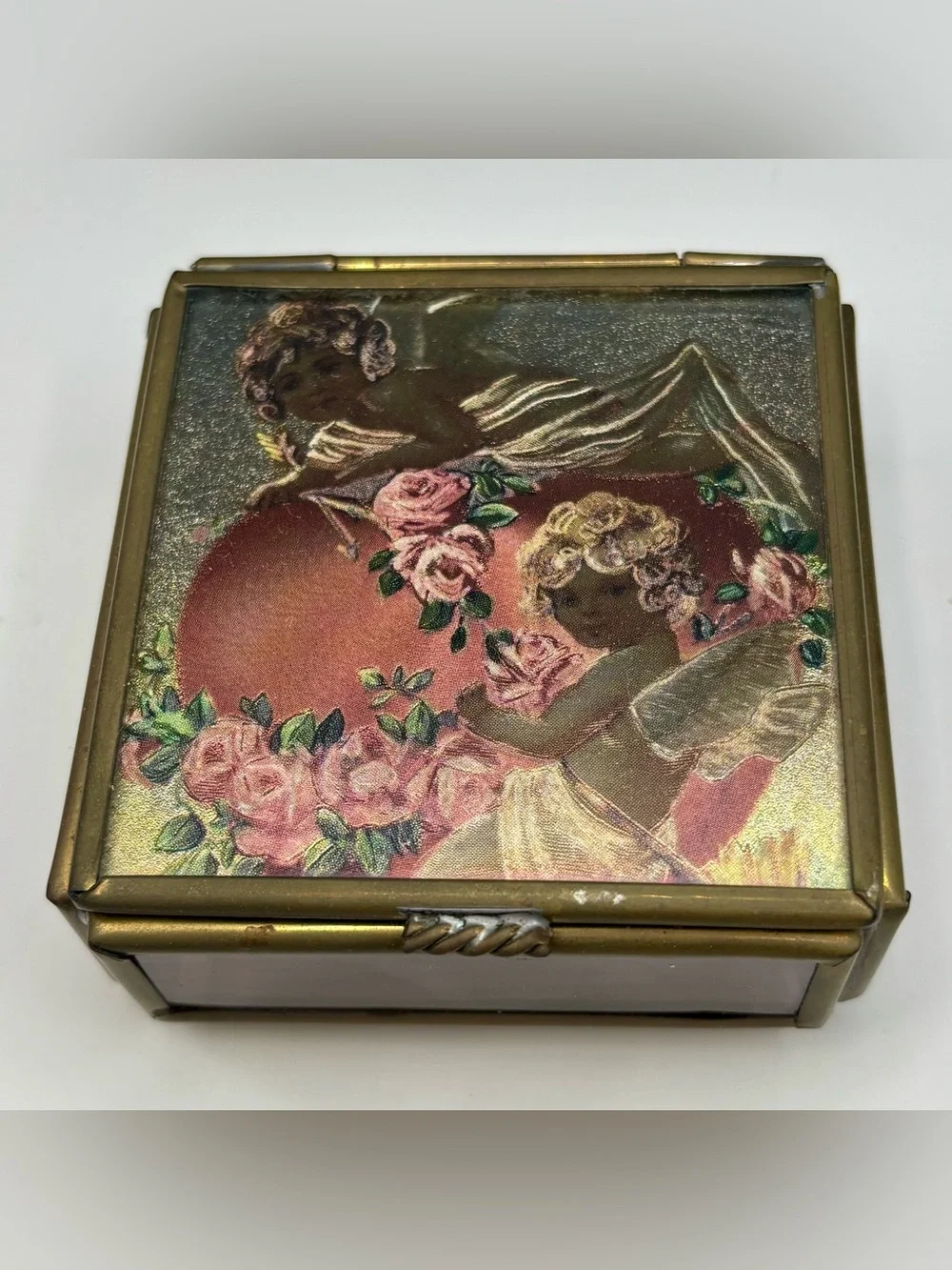 Vintage Via Vermont Cherub Brass Stained Art Glass Trinket Box Holographic